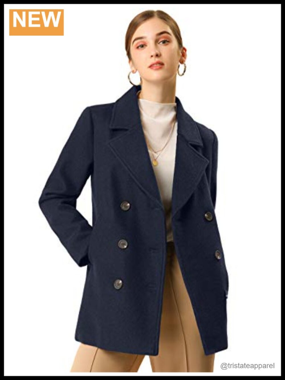 Women's Winter Pea Coat Double Breasted Notch Lapel Mid Length